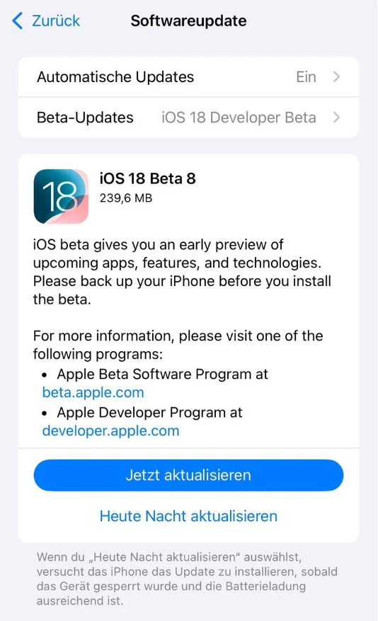 阎良苹果手机维修分享苹果 iOS / iPadOS 18 开发者预览版 Beta 8 发布 